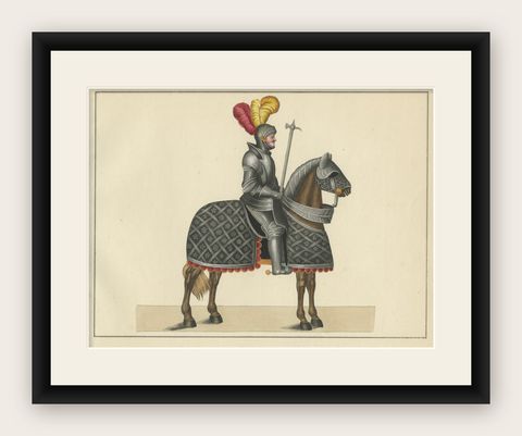 Hand-Coloured Lithograph of Armoured Knight and Horse in Tournament Dress, 1842, shown framed