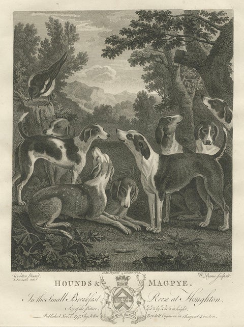 Hounds & Magpye Antique Engraving, English Sporting Art, 1775, close-up 2