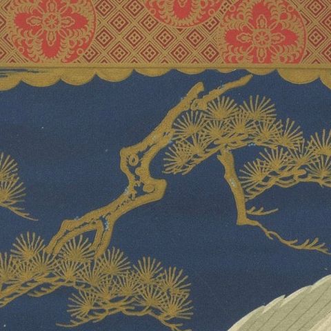 Japanese White Hawk on Pine Branch: Antique Lithograph, 1880s, close-up 5