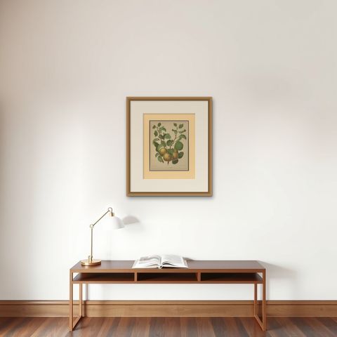 Golden Pear Cluster, Botanical Print, Dutch, ca. 1870 Chromolitho, shown framed on a wall