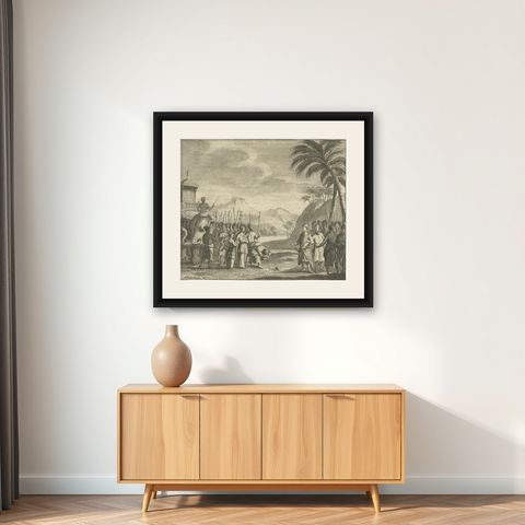 Antique Print of Figures and an Elephant on Ceylon, 1726, shown framed on a wall