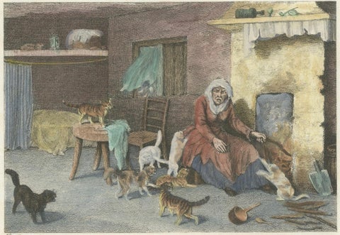 The Old Woman and Her Cats, 1809 Hand-Colored Etching by Edward Orme, close-up 3