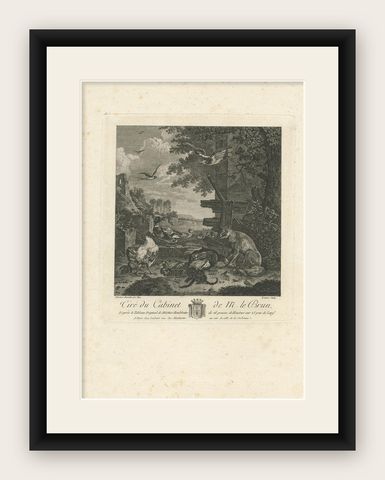 Antique Print of a River Landscape with a Fox and Birds by Le Brun (1792), shown framed