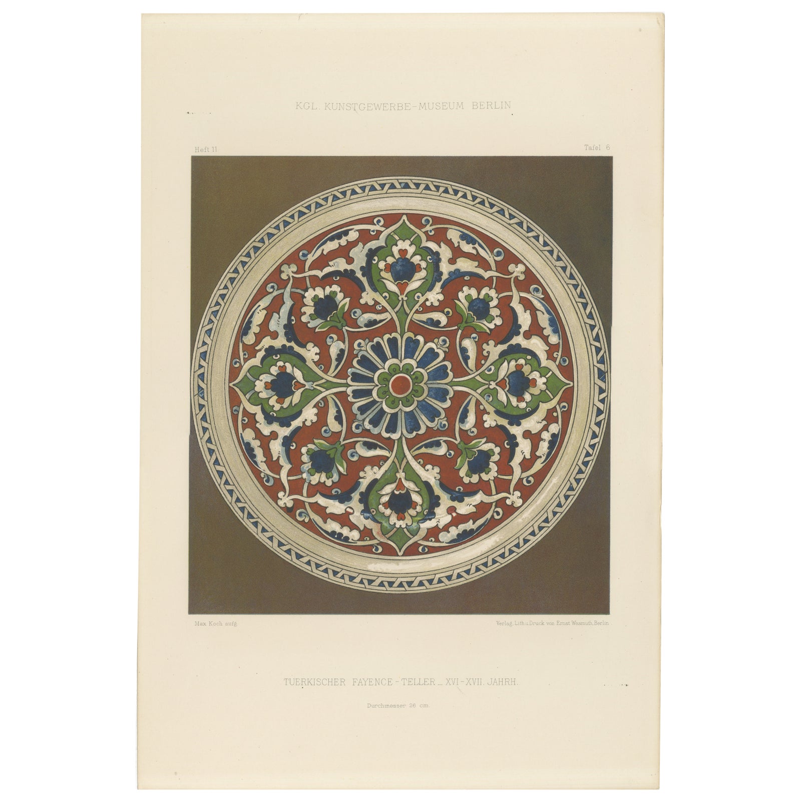 Turkish Faience Plate with Stylized Floral Medallion, J. Lessing, Berlin 1890