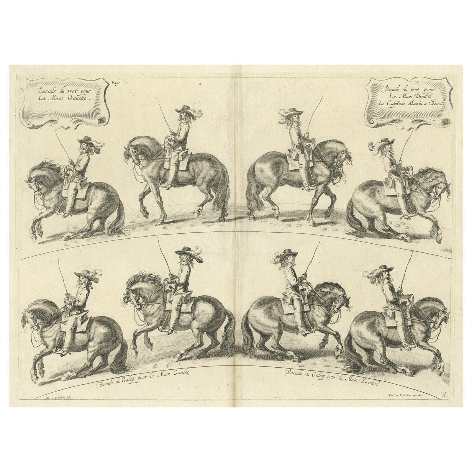 Decorative Antique Print of the Schooling of Horses in Galop, c.1740