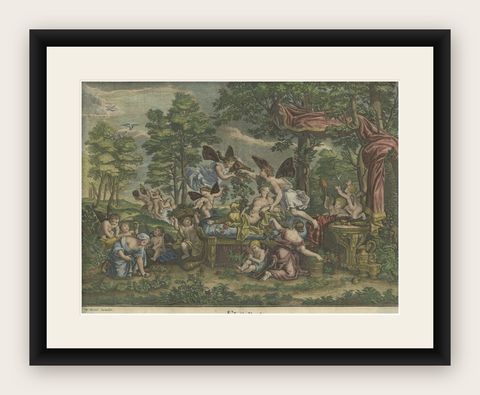 Rare Hand-Colored Antique Engraving of Flora Lying on a Bed Surrounded by Angels, shown framed