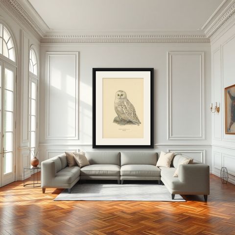 Arctic Owl (colour litho) by Magnus Ferdinand and Wilhelm von Wright, 1929, shown framed in a room