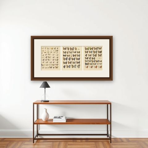 Rare Antique Butterfly Prints, Javanese Species, Set of Three Plates, 1908, shown framed on a wall
