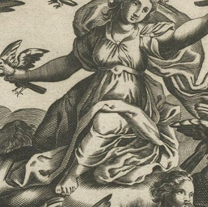 Antique Decorative Frontispiece of Putti and Birds, 1660, close-up 2