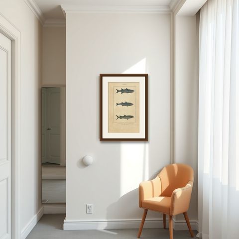 Antique Print of the Grey Mullet and Other Fish Species, 1844, shown framed in a room