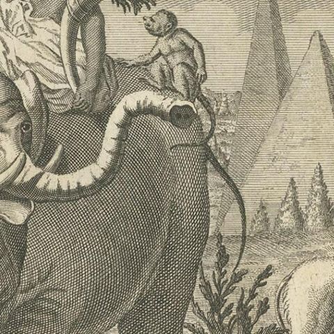 Antique Frontispiece with an Elephant, Lion, Monkey etc, 1749, close-up 2