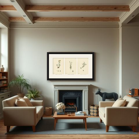 Hand-Colored Botanical Engravings of Yellow and Alpine Saxifrages, 1902, shown framed in a room