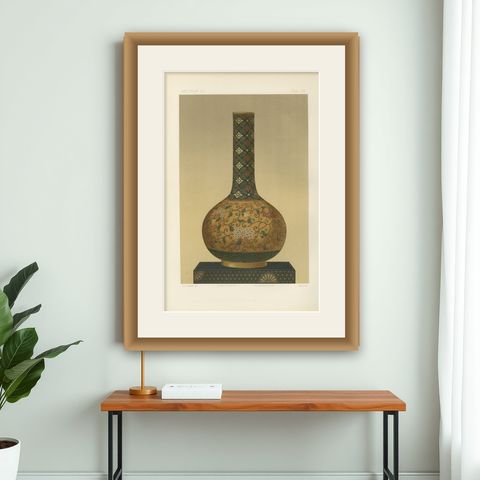 Ornamental Elegance, Floral Motif Long-Neck Vase, from Audsley’s Art, 1884, shown framed on a wall