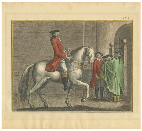 Piaffe Dressage Lesson in the Pillars, Encyclopédie Horse Engraving, 1750