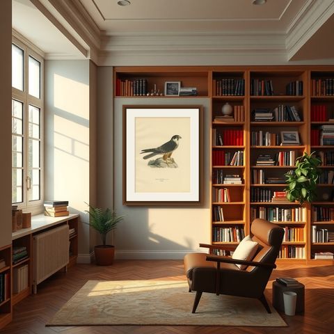 Antique Bird Print of the Eurasian Hobby Falcon by Von Wright, 1929, shown framed in a room
