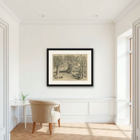 Botanical Marvels of India: Bamboo and Durian in De Bry's 1601 Copper Engraving, shown framed in a room
