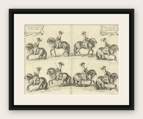 Decorative Antique Print of the Schooling of Horses in Galop, c.1740, shown framed