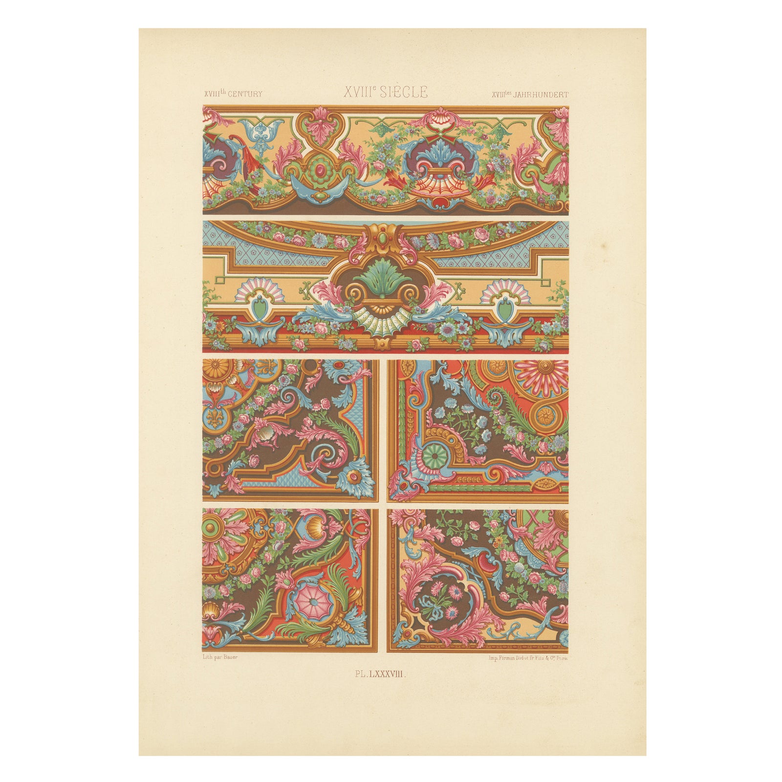 18th Century Rococo Ceiling and Panel Decoration, French Floral Scrolls, 1869