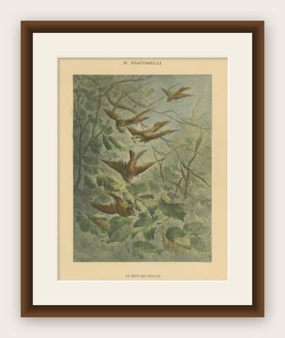 Autumn Flight - Giacomelli’s Sparrows in Falling Leaves, Circa 1891, shown framed