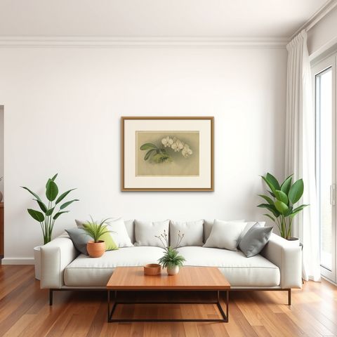 Victorian Botanical Print, White Phalaenopsis Casta Orchid, Published ca.1888, shown framed in a room