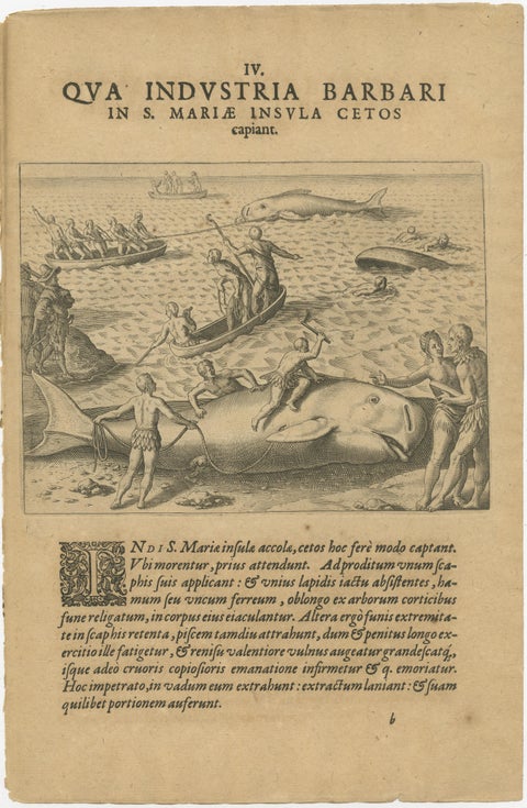 The Whale Harvest of St. Mary's Island - Copper Engraving by de Bry, 1601, view 2