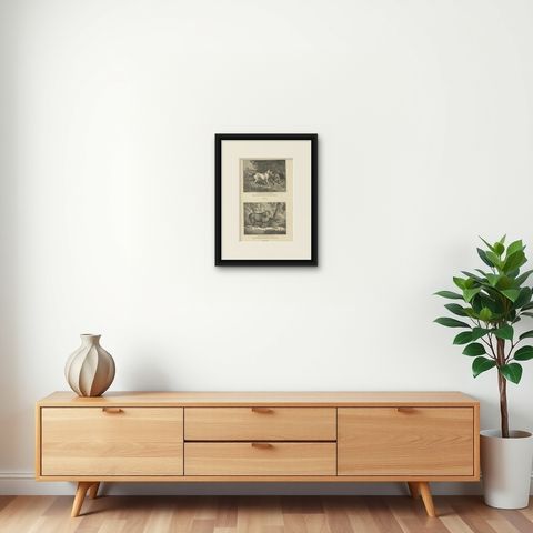 Antique Print of Terriers and Merino Sheep, 1835, shown framed on a wall
