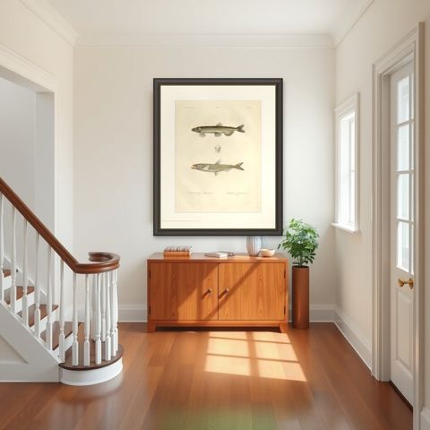 Capelin & Smelt, Antique Ichthyology Print, Greenland, Gaimard Voyage 1842, shown framed in a room