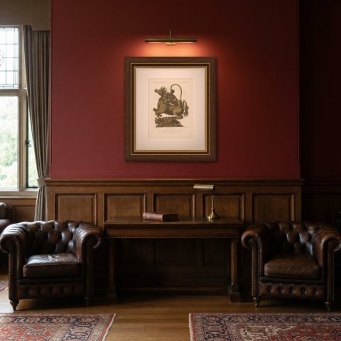 Lion and Horse Drinking Vessel after a Sixteenth Century Design, 1851, shown framed in a room