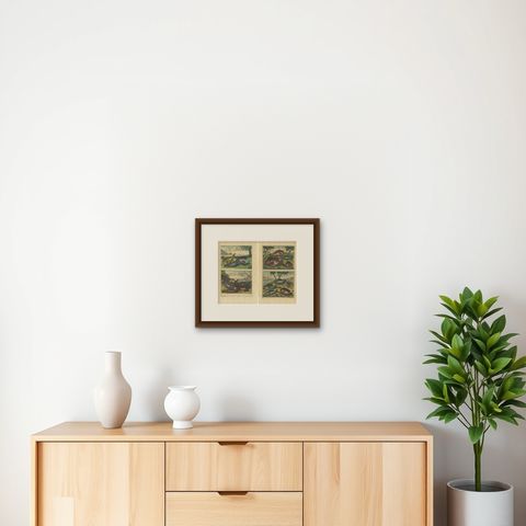 Set of 2 Colored Antique Prints of Various Fishes and Crustaceans, shown framed on a wall