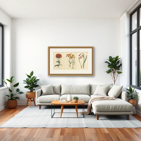 Three Botany Prints Full Color Original Engravings, 1794, shown framed in a room