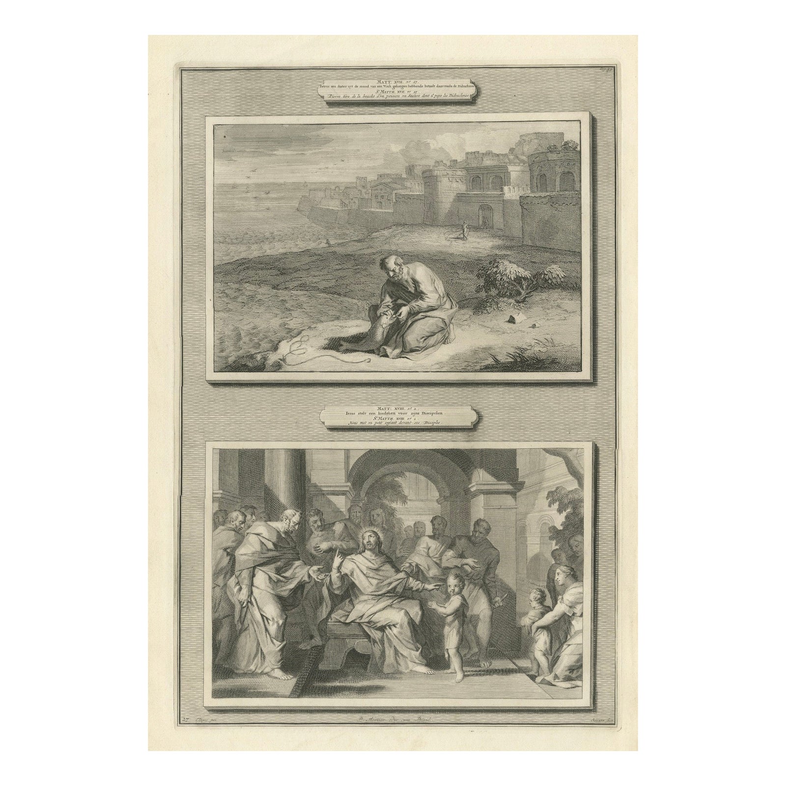 Religious Engravings, Peter’s Coin in Fish & Christ Foretells Passion, ca.1700
