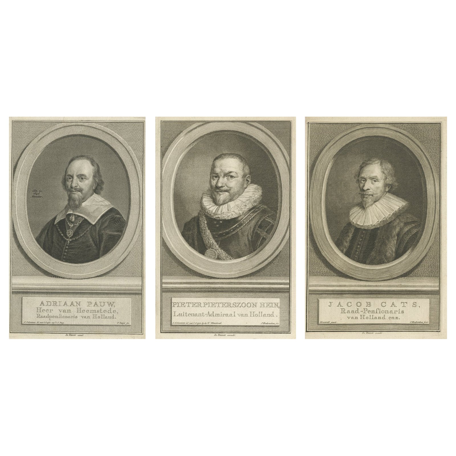 Dutch Statesmen and Admiral, Pauw, Hein, and Cats, c.1750 Copper Engravings