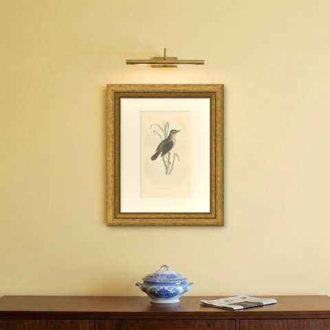 Sedge Warbler with Open Bill on a Sedge Stem, Antique Morris Plate, 1896, shown framed on a wall