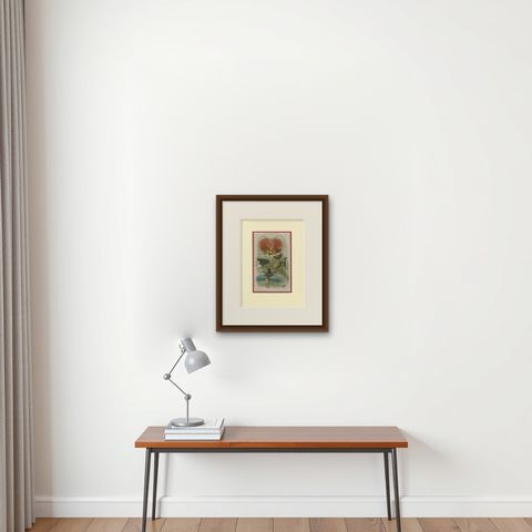 1894 Chromolithograph of Birds of Paradise, A Historical Interpretation, shown framed on a wall