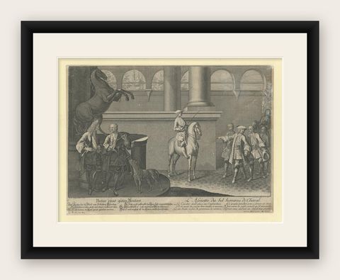 Antique Horse Print of the Correct Posture of Horsemen by Ridinger '1722', shown framed