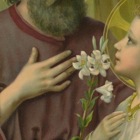 St Joseph and Child Jesus with Lily, Antique German Chromolithograph c.1900, close-up 6
