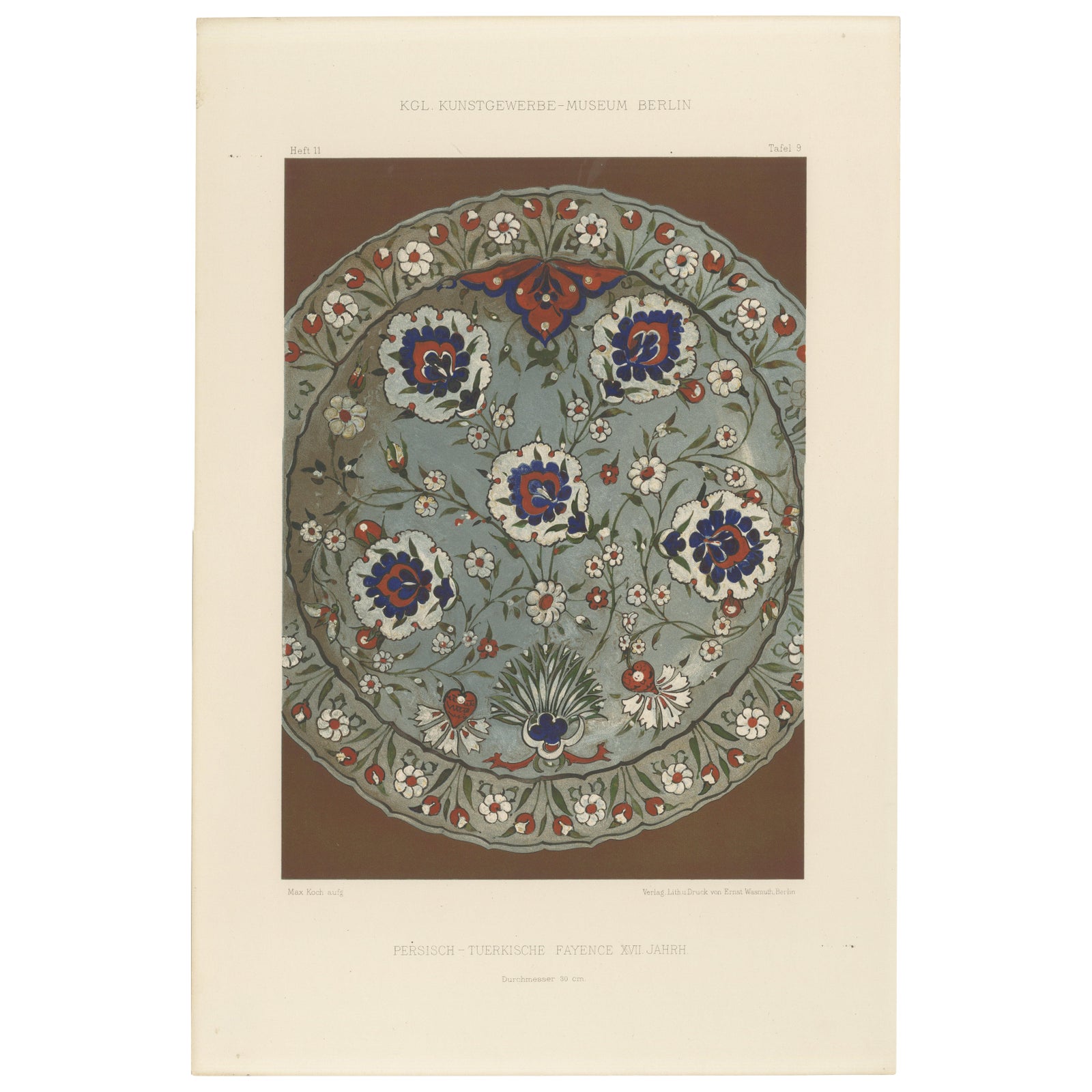 Persian-Turkish Faience Plate with Carnation Motif, Julius Lessing, Berlin 1890