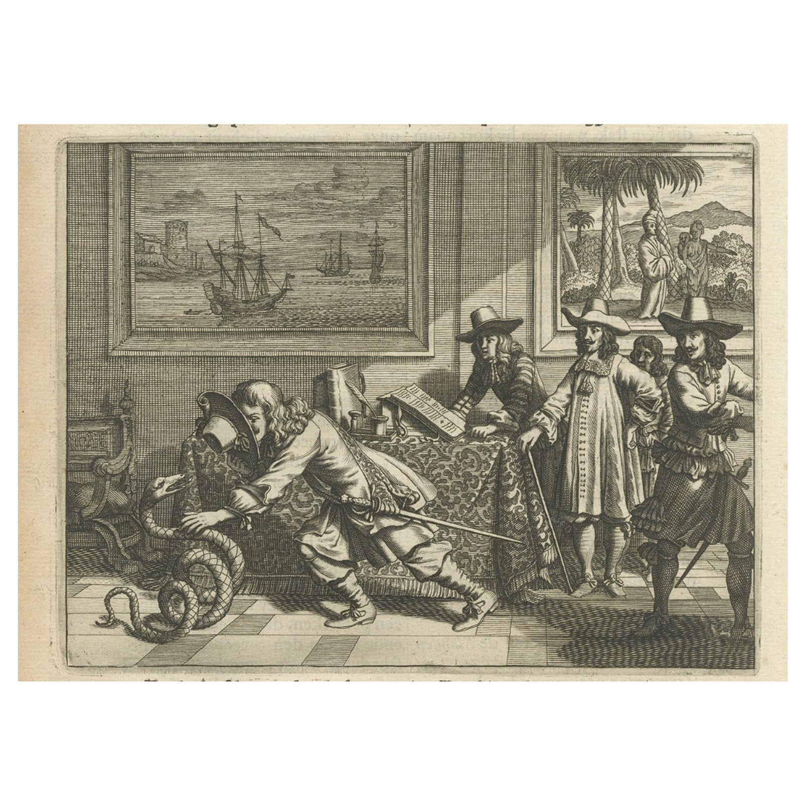 Rare Antique Print of the Catching of a Snake By Europeans in Asia, 1672