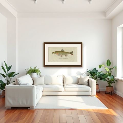 Antique Fish Print 'Cyprinus Nasus' by C. von Meidinger, 1785, shown framed in a room