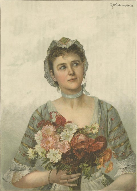 Portrait of a Flower Maiden, 19th-Century Chromolithograph by Warthmüller, close-up 5