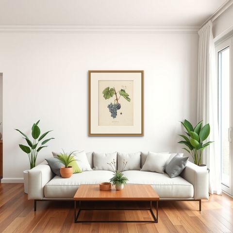 Rare Original Antique Lithograph of the Grenache Alicante Grape Variety, 1890, shown framed in a room