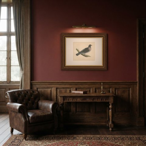 Ring Dove or Wood Pigeon on a Mossy Bough, Hand Colored Print, Morris, 1896, shown framed in a room