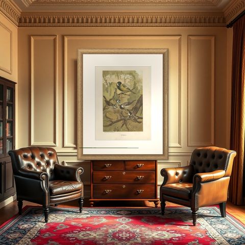 Antique Bird Print of Titmouses by American Lithographer Prang, 1898, shown framed in a room
