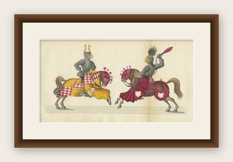 19th-Century Hand-Coloured Lithograph of Knightly Combat with Heraldic Horses, shown framed