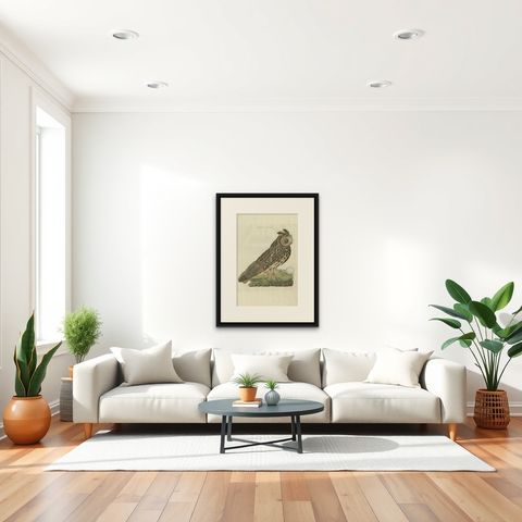 Strix Otus, Antique Long-Eared Owl Print by Nozeman & Sepp, 1809, shown framed in a room
