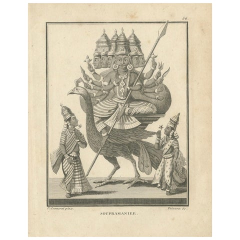 Stunning 1808 Engraving: Subramanya on Peacock, War Deity in Hindu Mythology