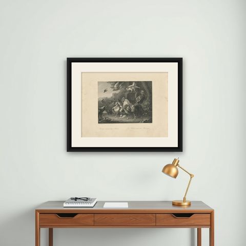 Antique Print of Poultry Attacked by a Hawk by Payne 'c.1860', shown framed on a wall