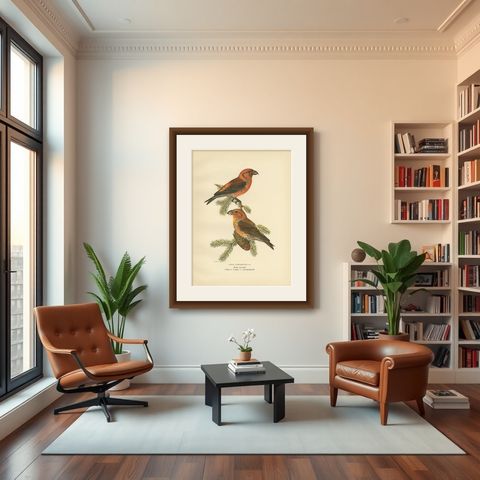 Antique Bird Print of The Red Crossbill by Von Wright, 1927, shown framed in a room
