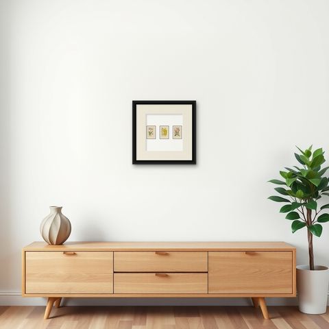 Set of 3 antique orchid lithographs, Dendrobium & Cattleya species, 1897, shown framed on a wall