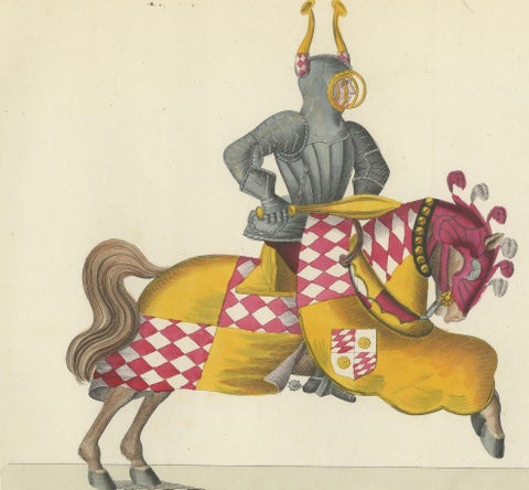 19th-Century Hand-Coloured Lithograph of Knightly Combat with Heraldic Horses, close-up 3